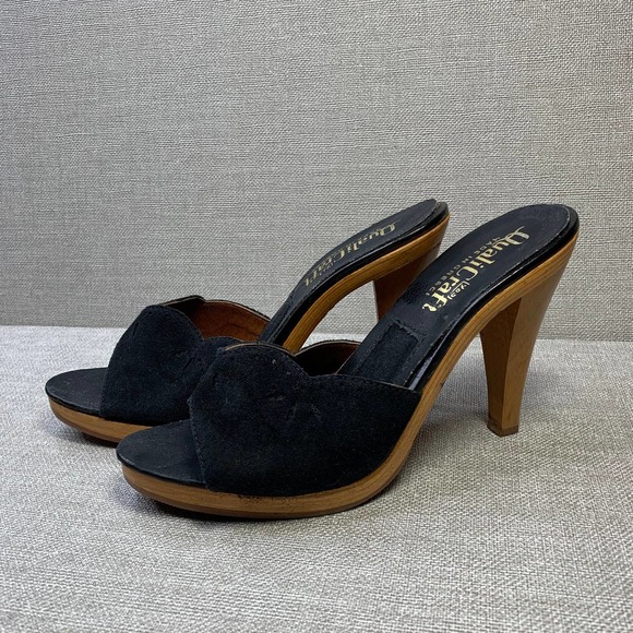 VINTAGE Quali-Temps Barbie Mules Wooden Heel shoes Size 6 Black Open Toe 70s - Picture 7 of 7